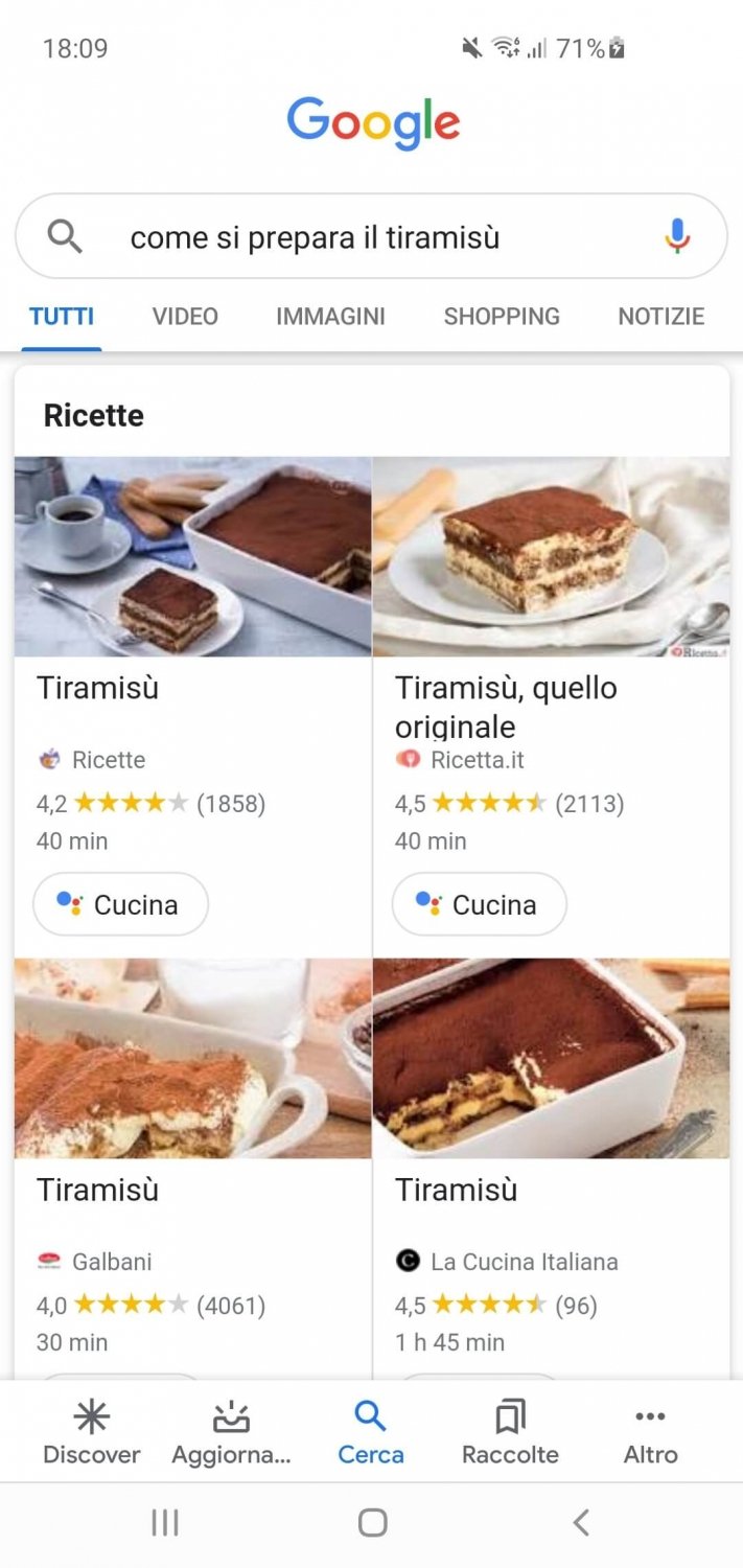 il bottone Cucina dopo una ricerca su Google